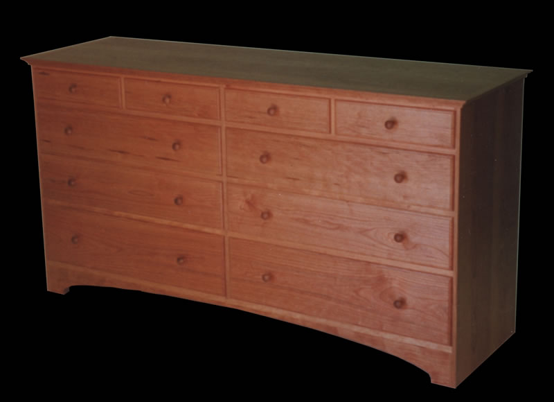 Cherry 10 drawer Shaker double dresser with arched base
