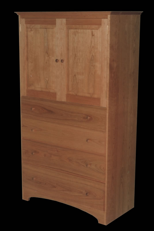 Cherry 4 drawer Shaker bureau with cabinet, arched base, wide raised panel doors